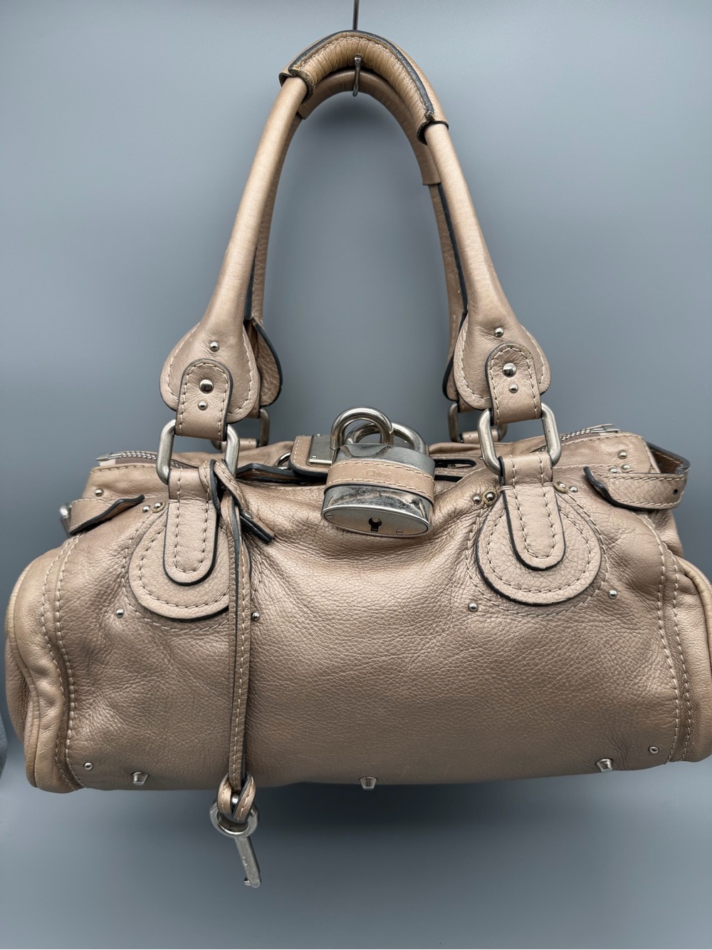 Chloé Paddington in Argent Metallic Taupe Leather Satchel Bag with Padlock